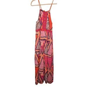 HM Womens Geometric Floral Beaded Halter Maxi Dress Orange Pink Size 12 Boho